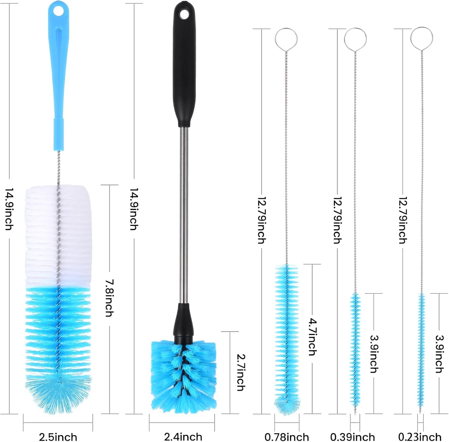 5 Pack Bottle Cleaner Brush, Straw Cleaner Brush & Long Handle - Water Bottle Brush for Narrow Bottles, Baby Bottles, Mugs, Flasks, Wine Decanters, Coffee Cups - Includes 3 Straw Cleaners