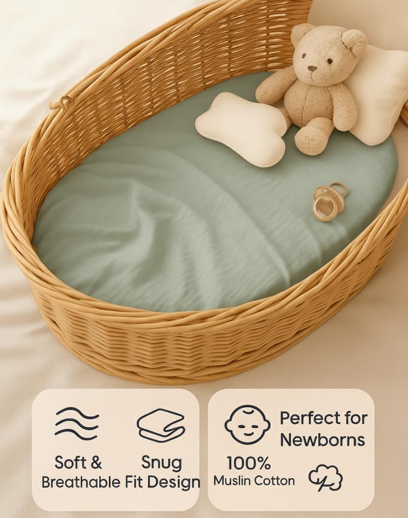Muslin Bassinet Sheets Set of 2, Green & Beige Bassinet Sheets 33x17 Inches, Soft Fitted Bedside Sheets for Rectangle & Oval Mattress, Breathable, Gentle, Won’t Slide or Wrinkle