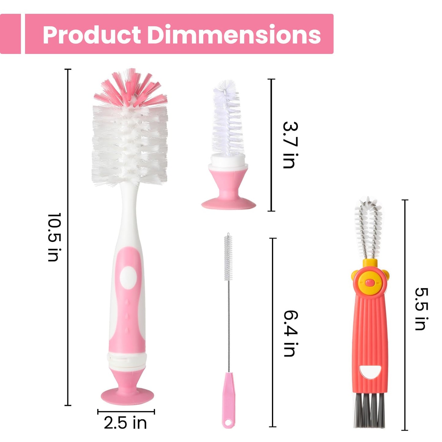 4-in-1 Baby Bottle Brush Set, Including Nylon Bottle Brush, Cap, Straw, Nipple Brushes, BPA-Free (Pink)
