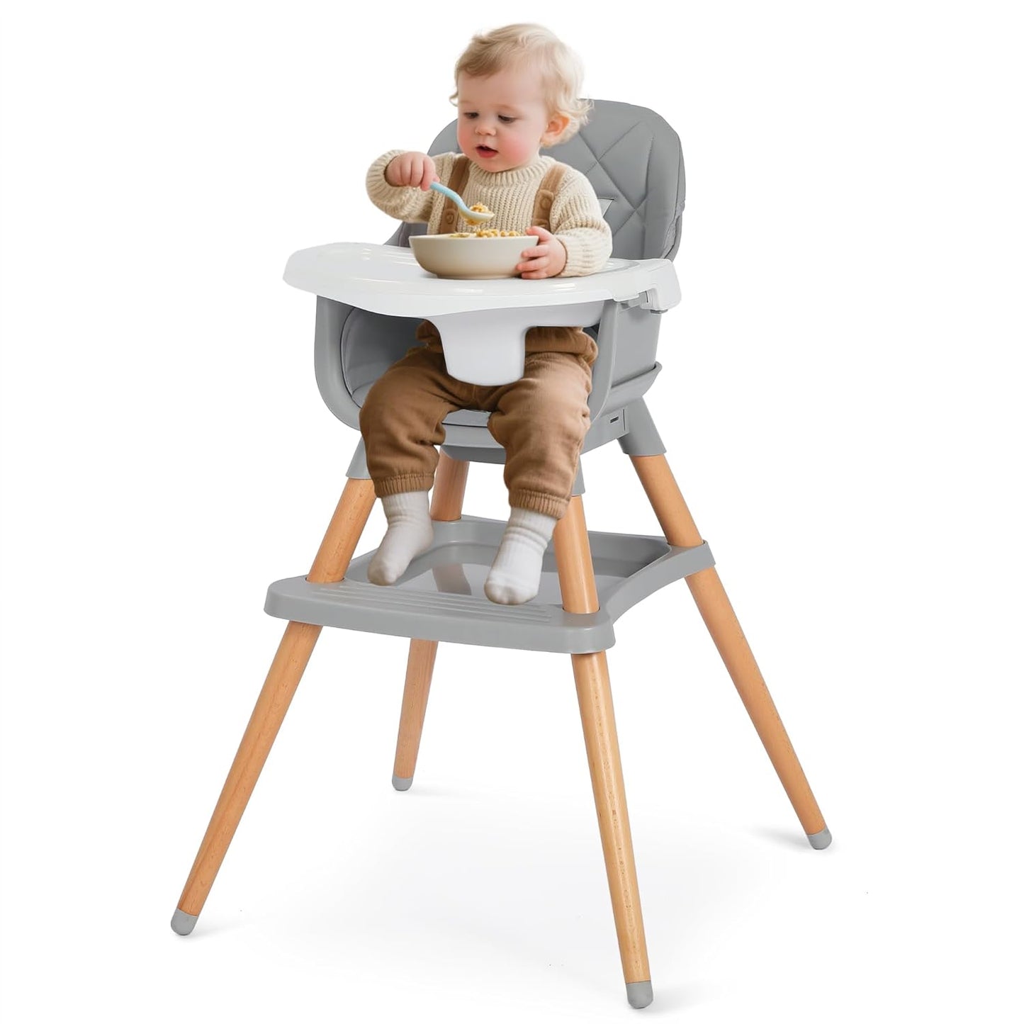Kinder King 7 in 1 Baby High Chair for Babies and Toddlers with Large Storage Footrest, Booster Seat, Convertible Wooden High Chair with 3-Depth Double Dishwasher Safe Tray, 5 Point Harness, Gray