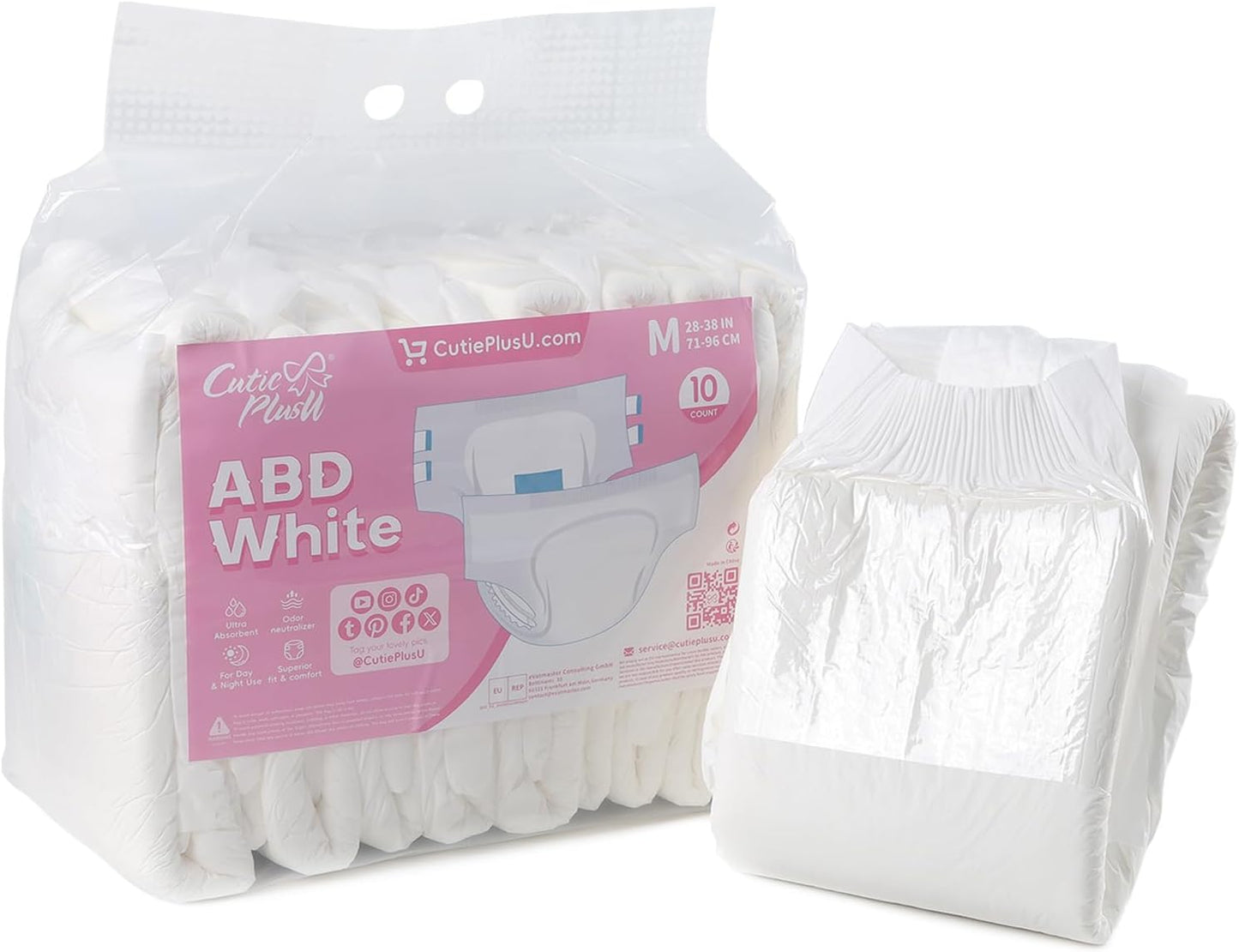 CutiePlusU Disposable Adult Diaper Heavy Absorption Dry Surface Adult Diapers All Night- White 10 Pieces (Medium 28"-38")