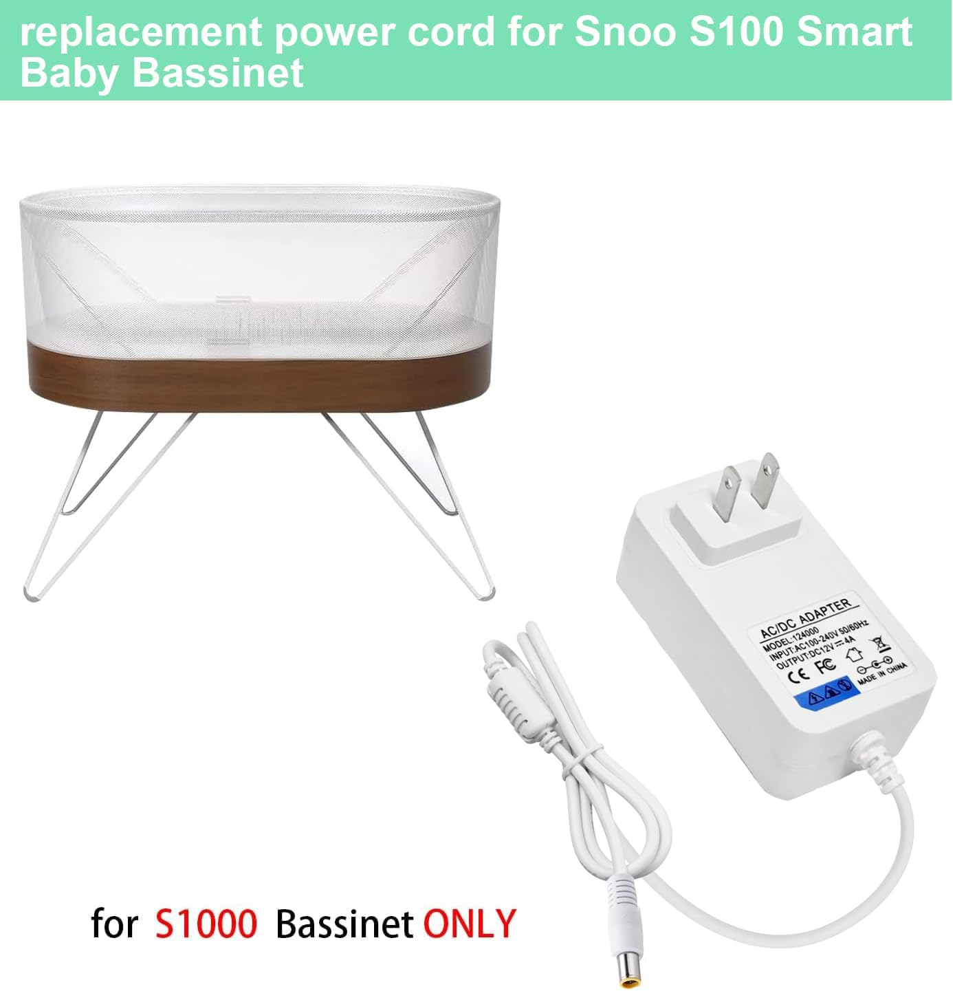 for Snoo Replacement Cord,12V 4A Snoo Power Cable S1000 Compatible with Snoo Model S1000 Happiest Baby Snoo Smart Sleeper Bassinet YLS06511F-120400 YLS06511F120400 83368703 4767SNXX100 Charger