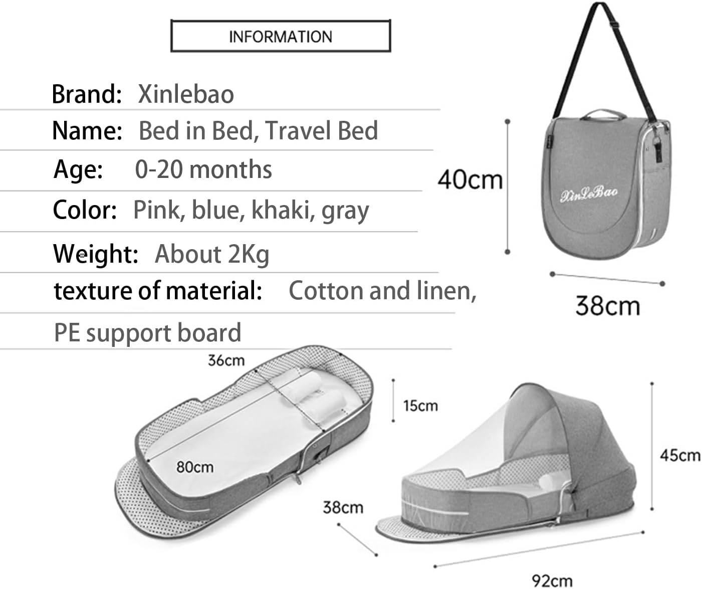 Folding Baby Travel Bassinet Portable Lightweight Travel Crib Baby Bed Co- Sleeper for Baby in Bed with Canopy and Mosquito Net (Blue, with Sunshade)