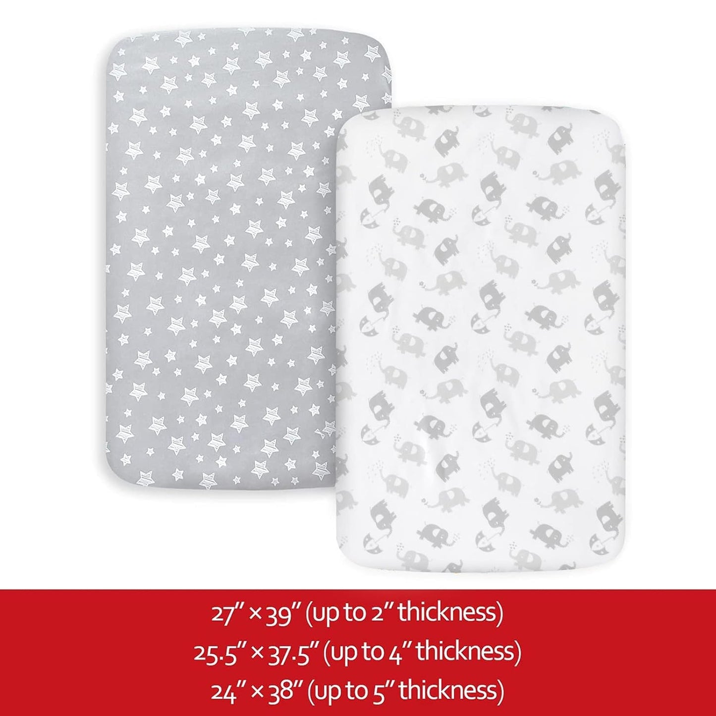 Pack and Play Sheets, 2 Pack Mini Crib Sheets, Stretchy Playard Fitted Sheet, Compatible with Graco Pack n Play, Soft and Breathable Material, Stars & Elephant