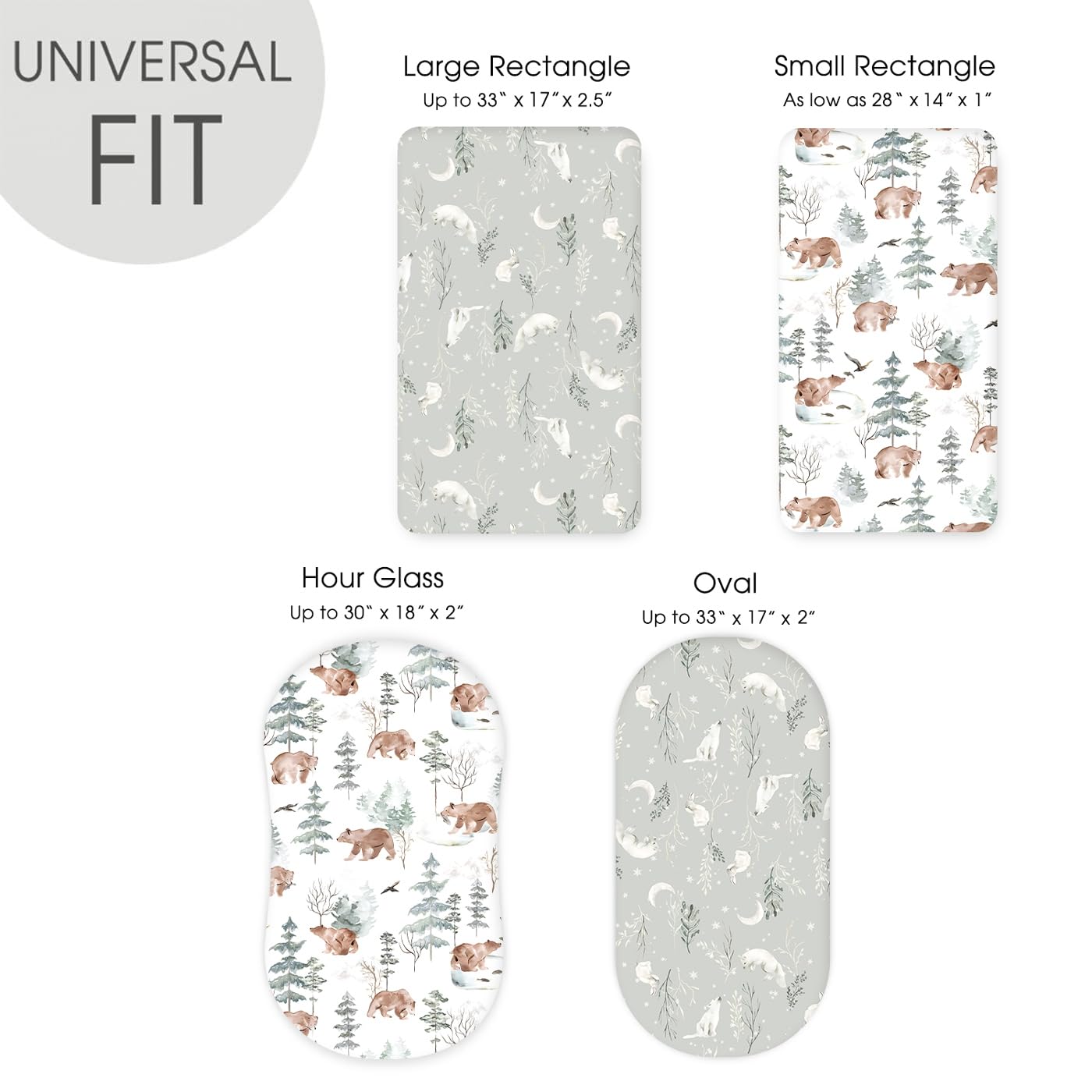 Stretchy Bassinet Mattress Sheets, Ultra Soft Bassinet Sheet 2 Pack, Universal Fitted for Oval Hourglass Rectangular Bassinet Mattress Pad Safe and Snug, Stylish Pattren of Bear and Wolf Print