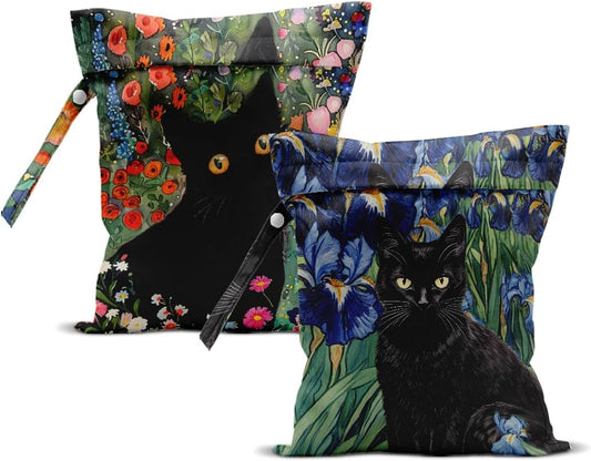2Pcs Cat Wet Bag 12x10 Inch, Colorful Floral Waterproof Travel Laundry Bags, Washable Reusable Wet Dry Bag for Swimsuit Beach Diapers Dirty Yoga Gym Clothes, Flowers Gifts for Women Friend Travelers