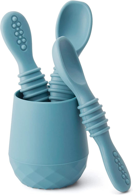 SAMiGO Silicone Baby Utensils - Self Feeding Spoons and Tiny Training Cup - First Stage Baby Led Weaning Supplies for 6 Months+ Infants - Set of 4