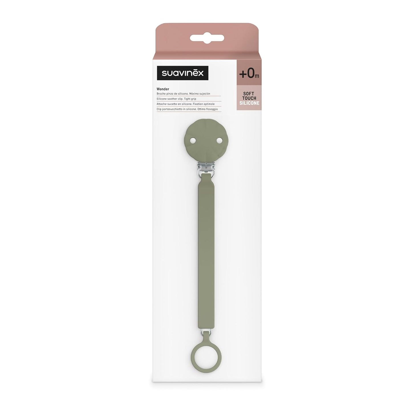 Suavinex Wonder Silicone Baby Pacifier Clip, Spain's #1 Baby Bottle and Pacifier Brand, Paci Clips for Babies, Essentials, Hedge Green