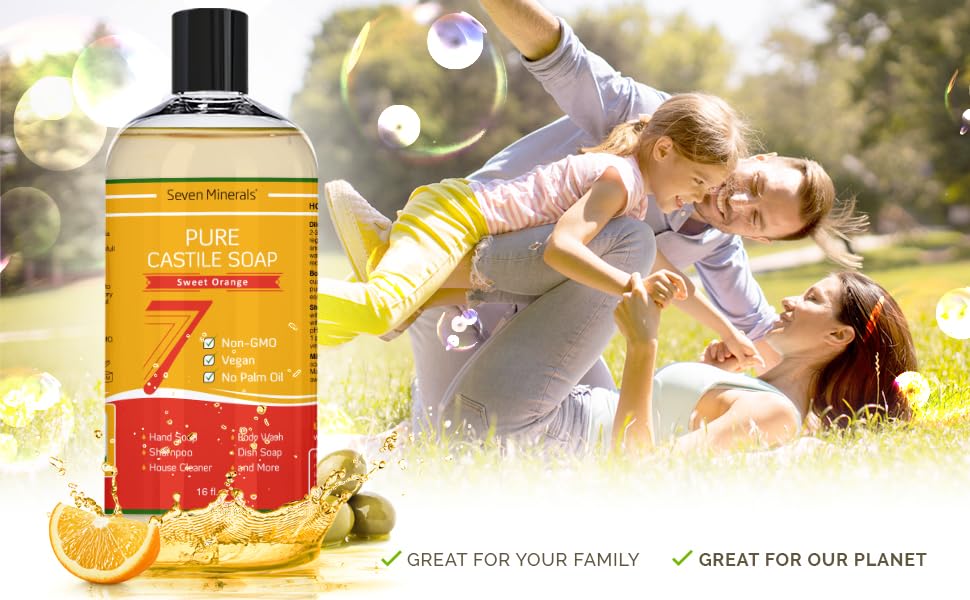 Seven Minerals Pure Castile Soap, Sweet Orange 16oz - No Palm Oil, GMO-Free - Gentle Liquid Soap For Sensitive Skin & Baby Wash - All Natural Vegan Formula with Organic Carrier Oils
