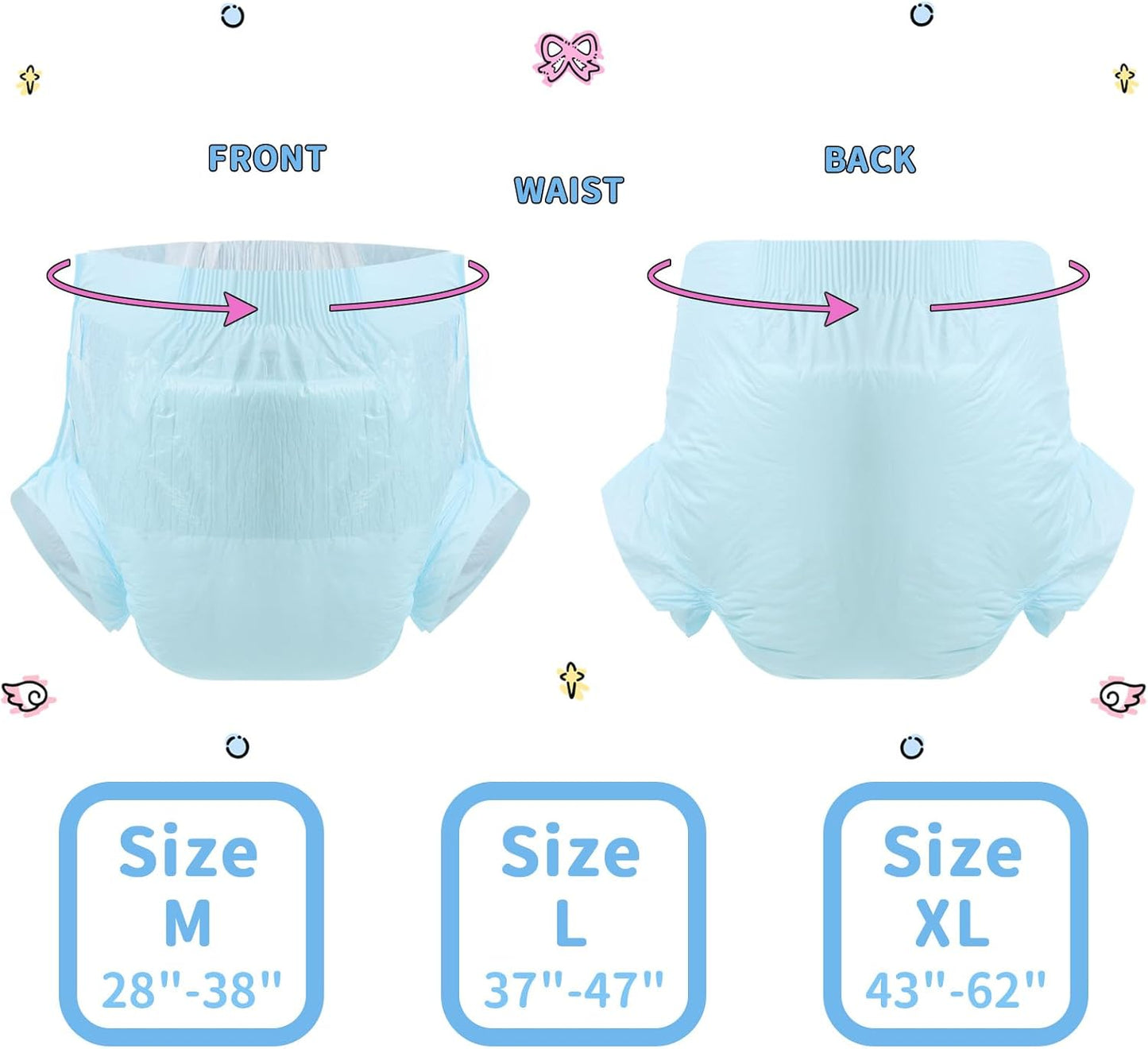 CutiePlusU Disposable Adult Diaper Heavy Absorption Dry Surface Adult Diapers All Night- Blue 10 Pieces (Medium 28"-38")