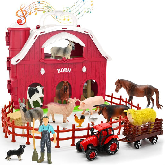 Big Red Barn Toys for Toddlers 1-3, Farm Animal Figures Playset with Tractor for 2 3 4 5 Year Old Kids, Musical Preschool Montessori STEM Learning Toys, Christmas Birthday Easter Gift for Boys Girls