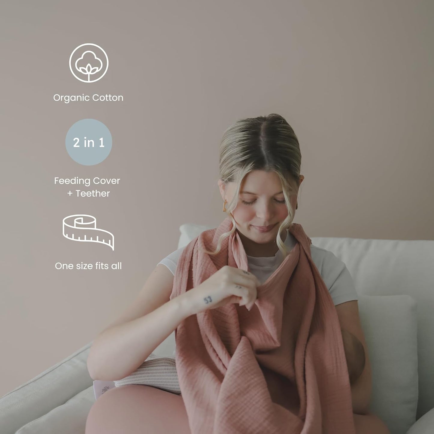 snuggle me® Nursing Cover - 100% Organic Cotton Muslin Nursing Cover Up for Breastfeeding with a BPA-Free Silicone Teether Ring, Ultra-Soft & Lightweight (33.5″ × 39.4″)