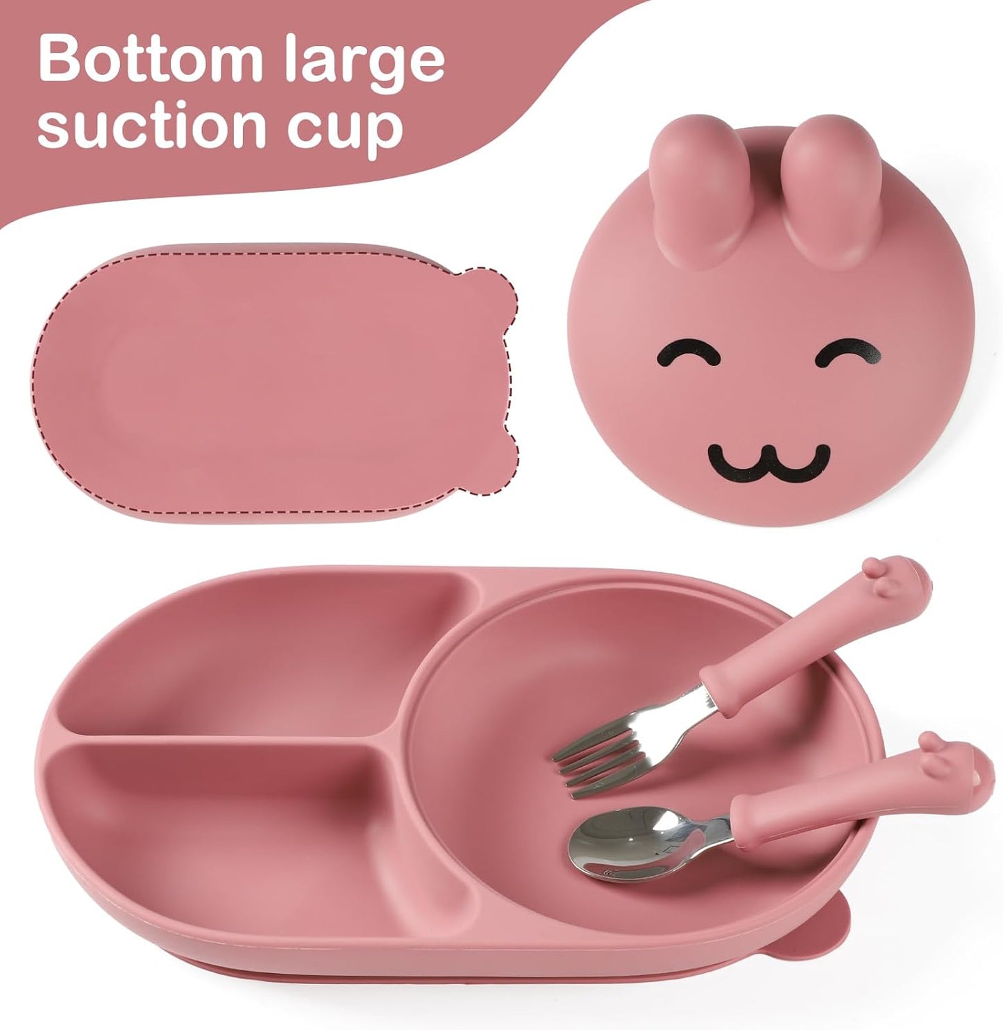 Silicone Baby Plate,Toddler plates,Self-feeding of infants after weaning, 100% Food Grade Silicone, BPA Free, Including Fork and Spoon, Baby Plates With Suction, Divided Plate for Babies (pink)