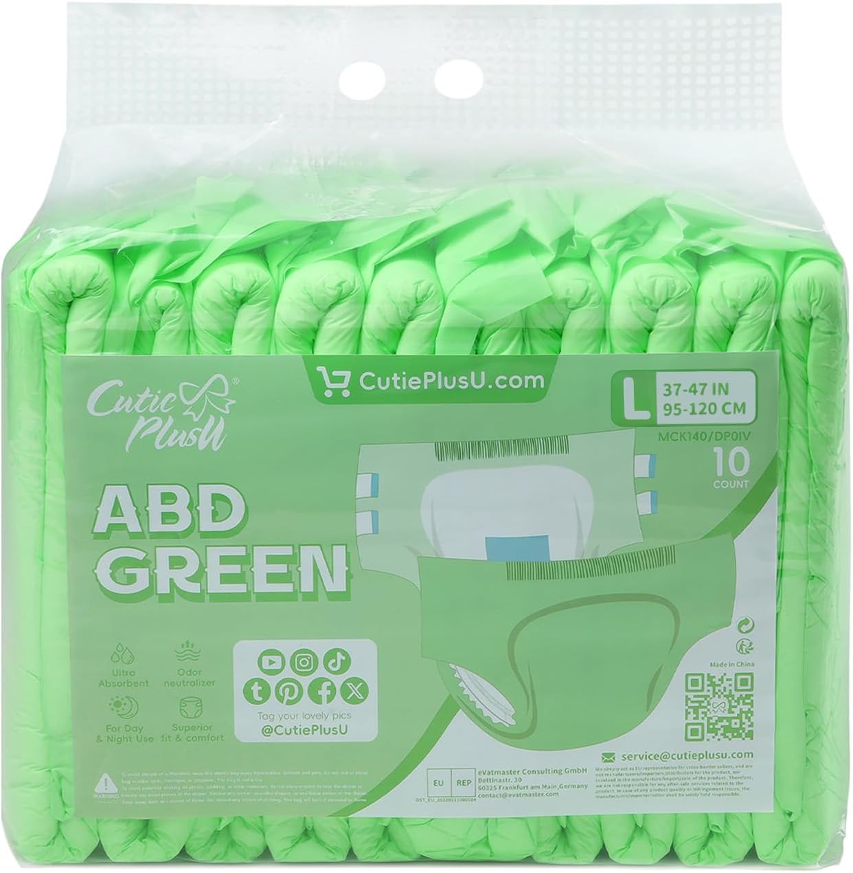 CutiePlusU Disposable Adult Diaper Heavy Absorption Dry Surface Adult Diapers All Night- Green 10 Pieces (Large 37"-47")