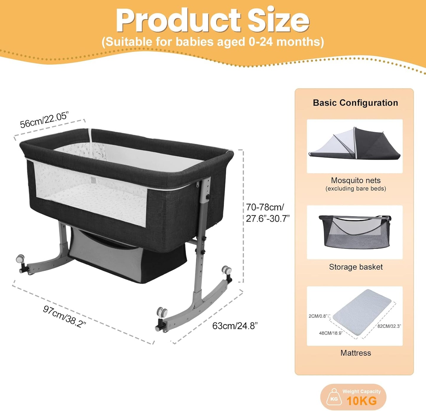 3-in-1 Baby Bassinet Bedside with Storage Basket, Portable Baby Cradle Bassinet with Wheels, Mosquito Net, 6 Levels Height Adjustable (Black)