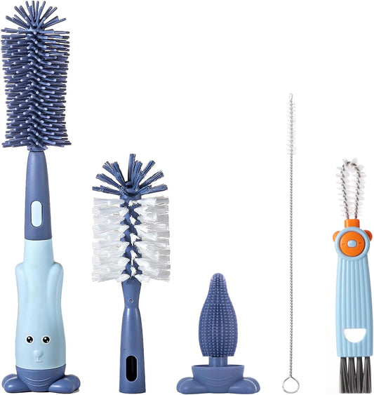 5-in-1 Baby Bottle Brush Set, Bottle Brush for Baby, Baby Bottle Scrubber, Including Silicone & Nylon Bottle Brush, Bottle Cap Brush, Straw Brush, Nipple Brush, BPA-Free (Blue)