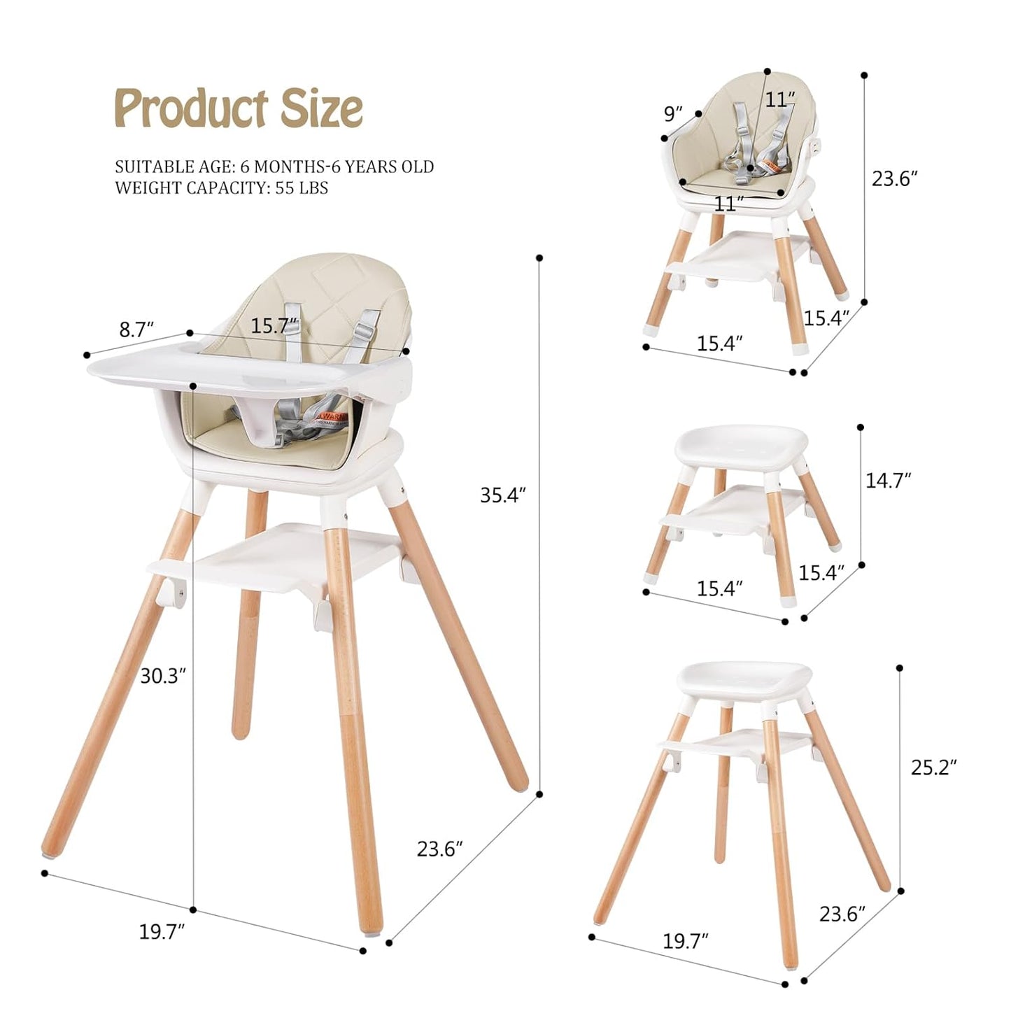 6 in 1 Baby High Chair, Convertible Wooden High Chairs/Booster Seat for Babies and Toddlers, Baby Feeding Chair with 5-Point Harness/Double Removable Tray & Adjustable Footrest (Beige)