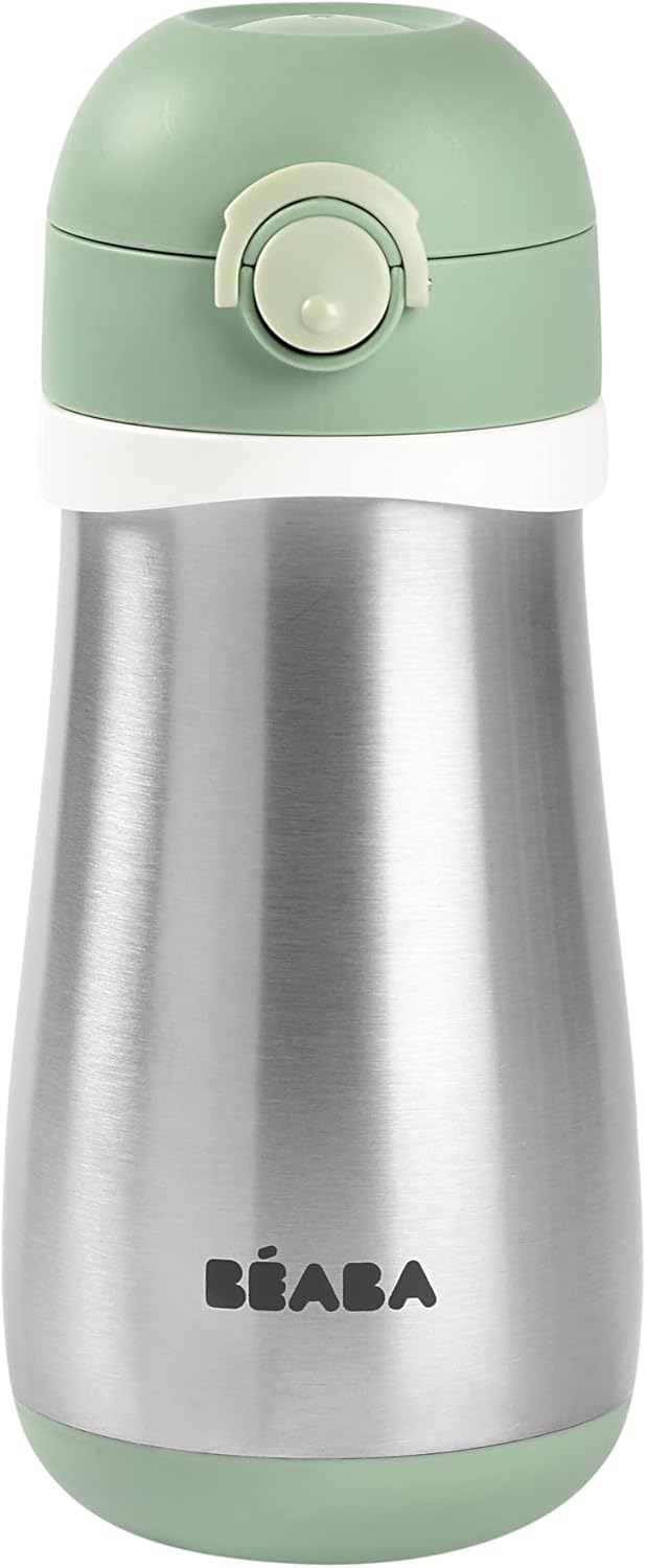 BEABA Kids Stainless Steel Insulated Water Bottle, Kids Water Bottle, Toddler Thermos with Spill Proof Spout and Close Top, Perfect for Travel, (Sage)