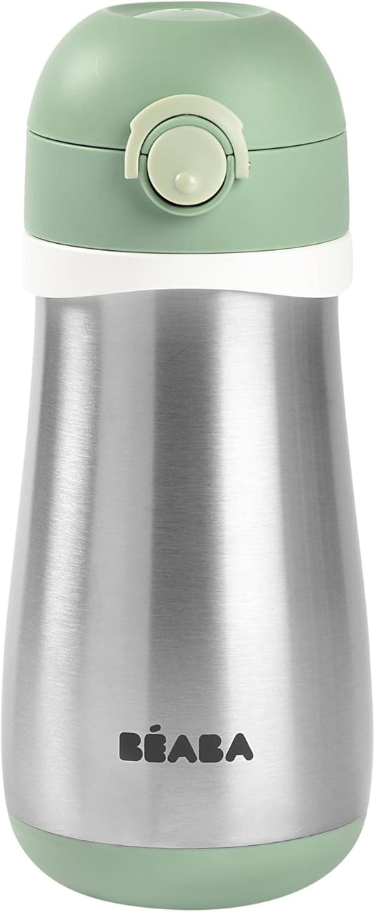 BEABA Kids Stainless Steel Insulated Water Bottle, Kids Water Bottle, Toddler Thermos with Spill Proof Spout and Close Top, Perfect for Travel, (Sage)
