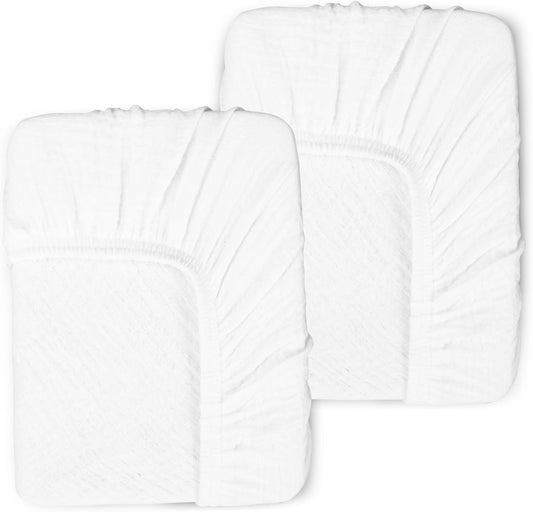 2 Pack Muslin Fitted Crib Sheets for Baby Girls & Boys-Neutral Breathable Crib Mattress Protector for Standard Crib Mattress (28"x 52") -White Crib Sheets No Slip Toddler Cotton Bedding