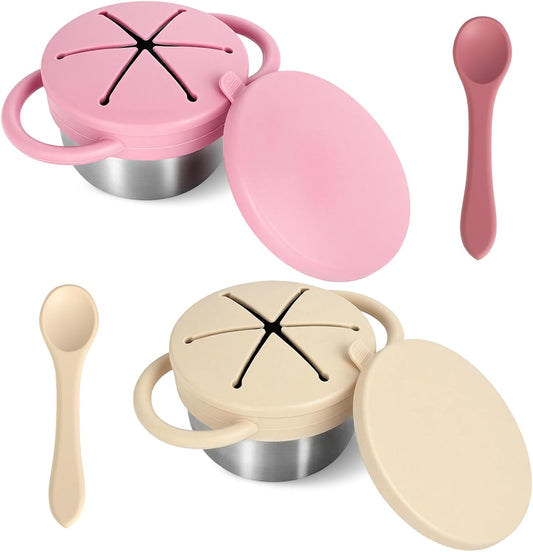 2 Pack Stainless Steel Toddler Snack Cups,Snack Containers For Kids,Baby Food Catcher Spill Proof,Bpa-Free,Food Grade Silicone,Spoon Is Included