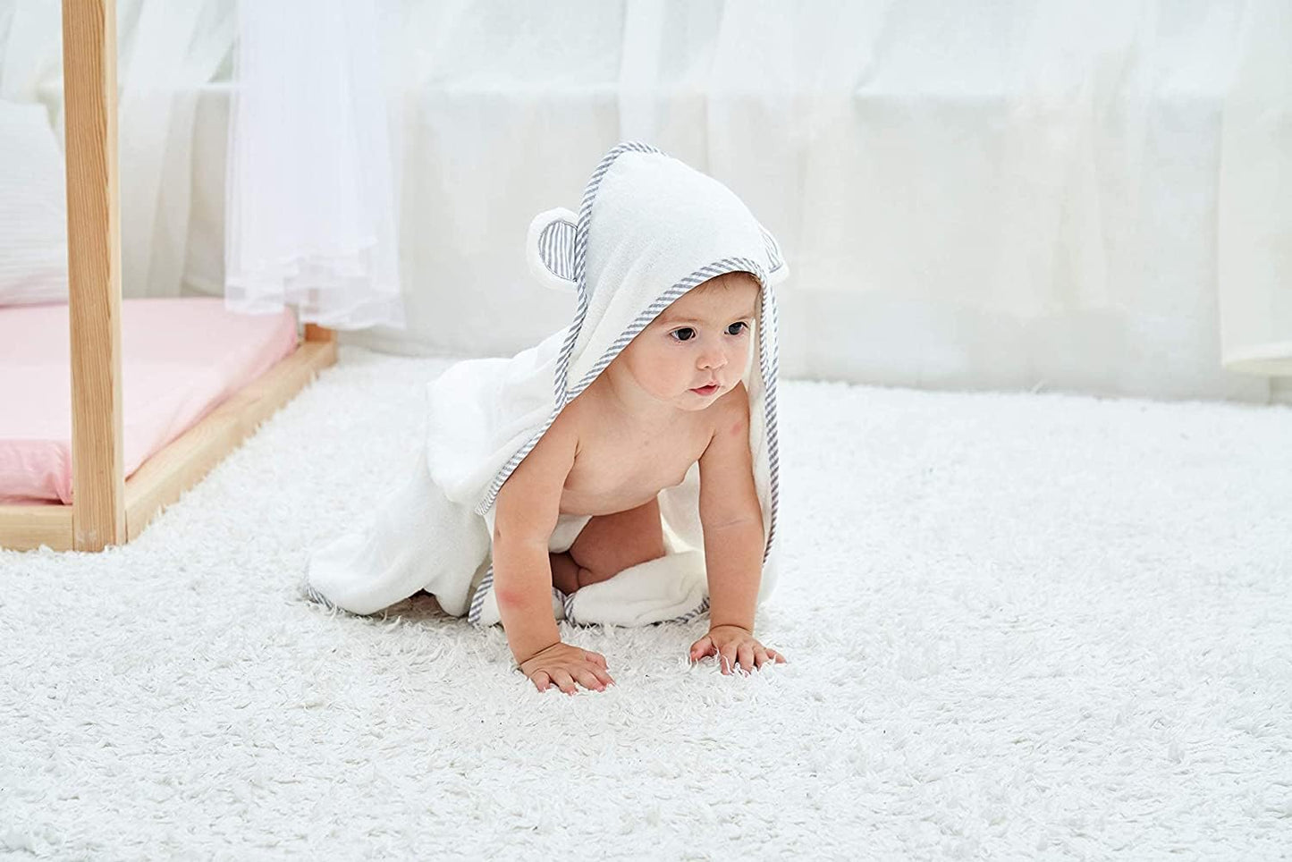 HIPHOP PANDA Hooded Towel - Rayon Made from Bamboo, Bath Towel with Bear Ears for Newborn, Babie, Toddler, Infant - Absorbent Large Baby Towel - White, 30 x 30 Inch
