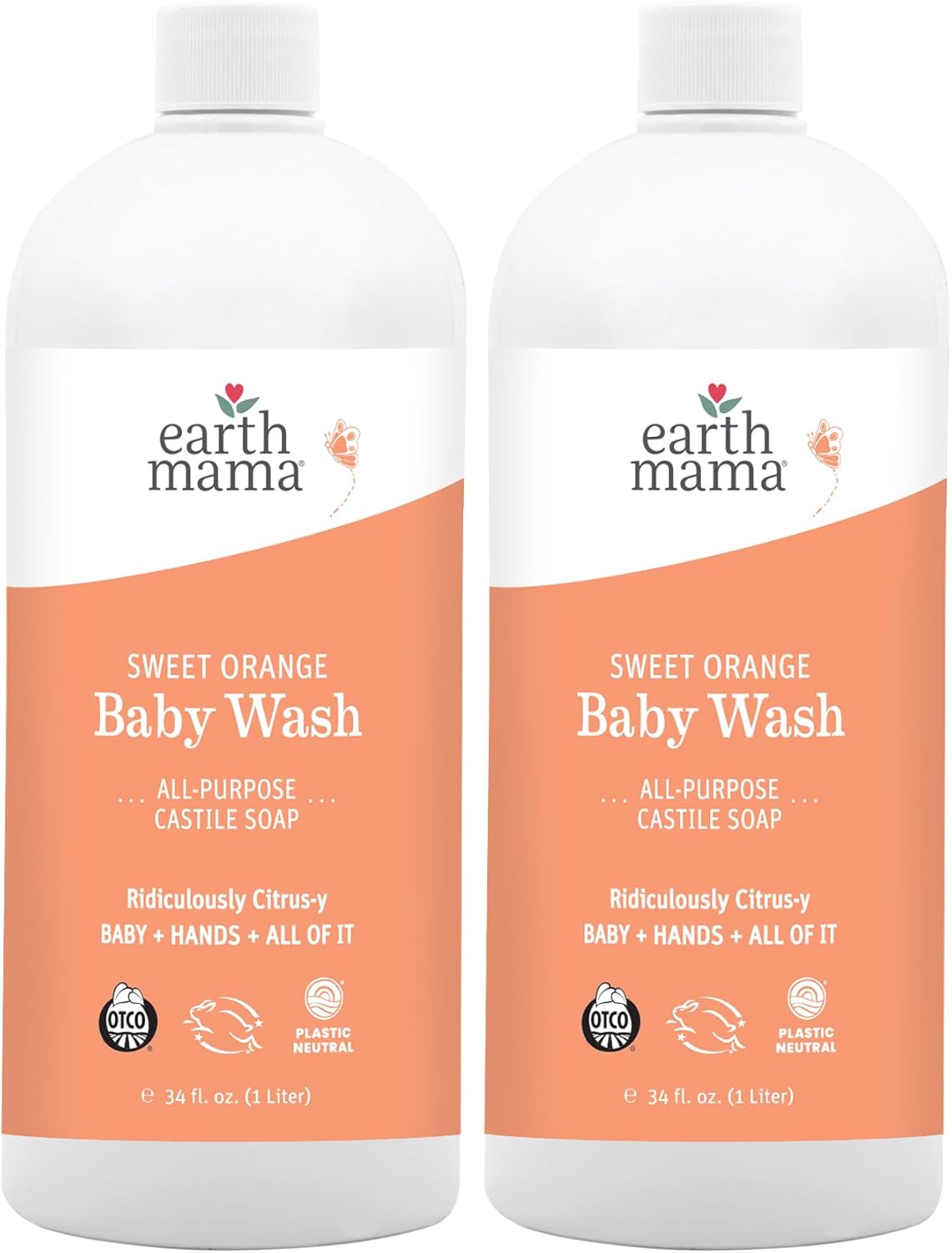 Earth Mama Sweet Orange Baby Wash Liquid Hand Soap Refill, Organic Body Wash for Sensitive Skin, All Purpose Castile Soap Liquid with Coconut Oil, Shea Butter, Calendula & Aloe, 34 fl oz (2-Pack)