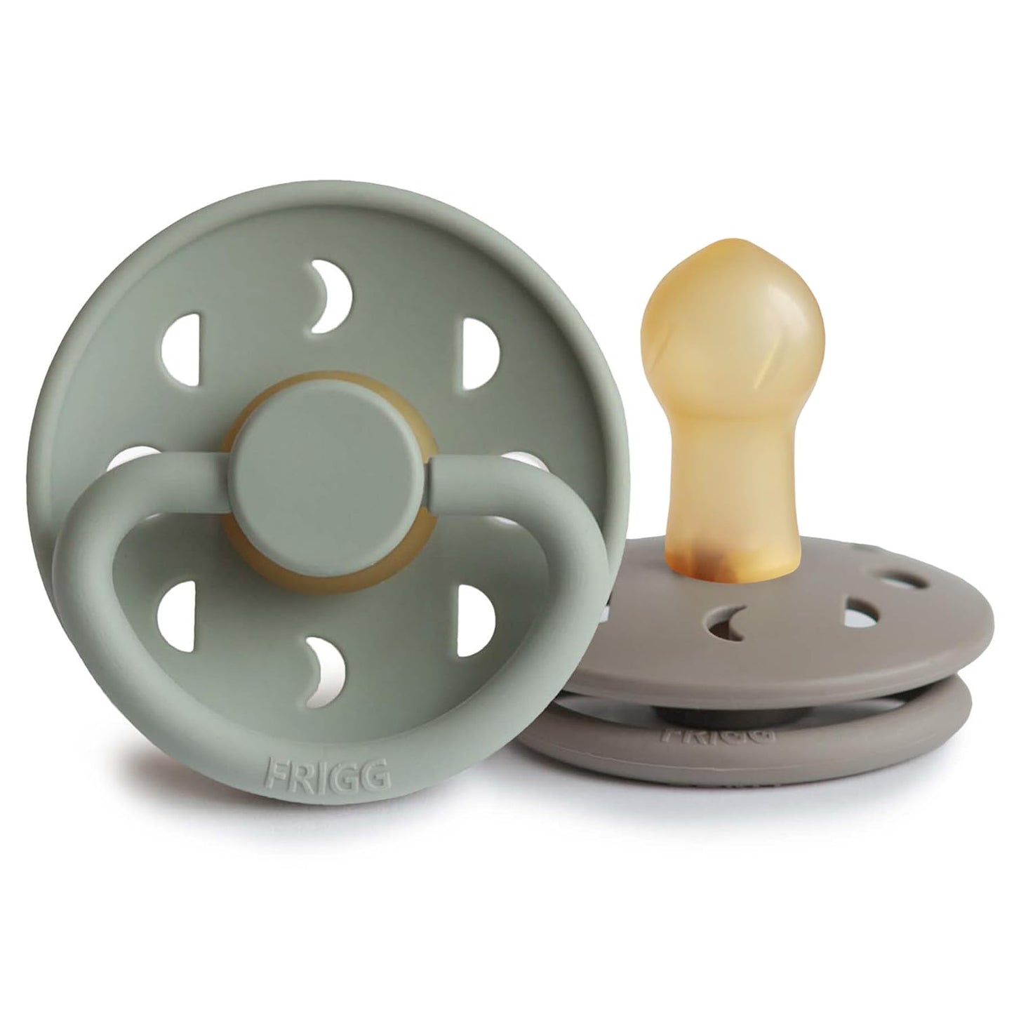 FRIGG Moon Natural Rubber Baby Pacifier | Made in Denmark | BPA-Free (Sage/Portobello, 0-6 Months) 2-Pack