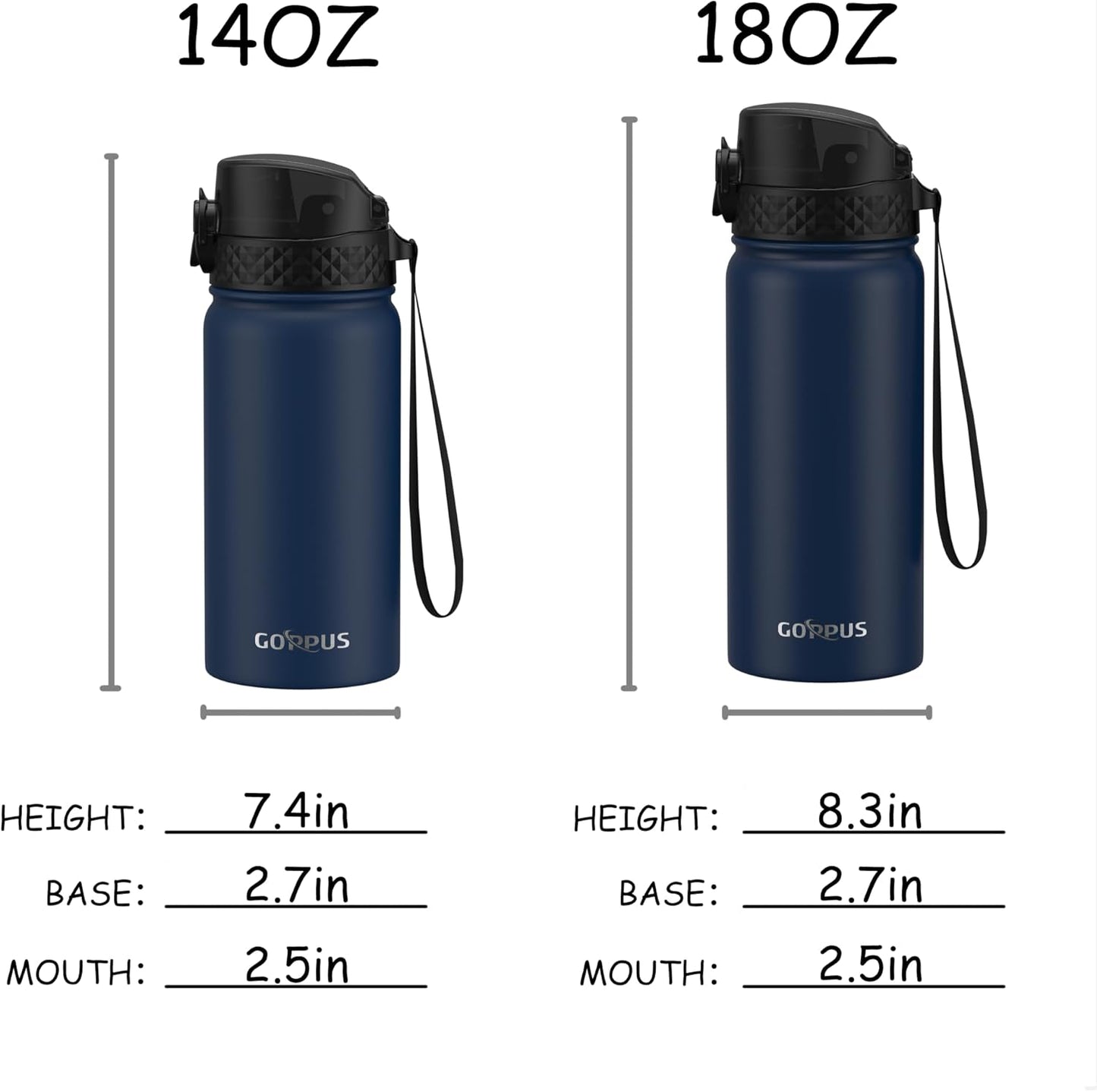 Kids Water Bottle, GOPPUS 14 Oz Stainless Steel Travel Bottle, Double Wall Vacuum Leak Proof Kids Cup for School Boys Girls, Navy Blue