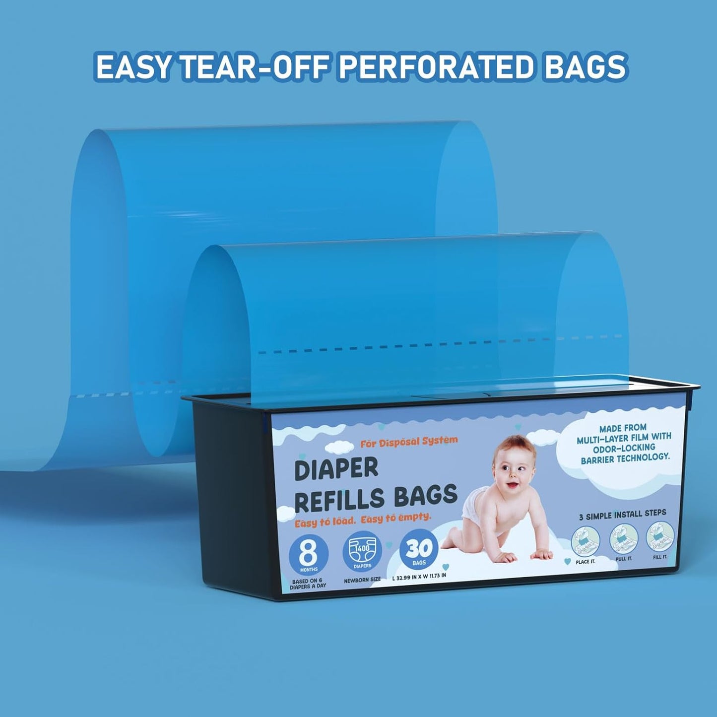 Diaper Pail Refills Bags with 30 Bags Compatible with Genie Easy Roll Signature Diaper Pails and Platinum Diaper Pails, Lasts Up to 8 Months, 7-Layer Odor-Barrier Technology, 2 Packs (60 Bags)