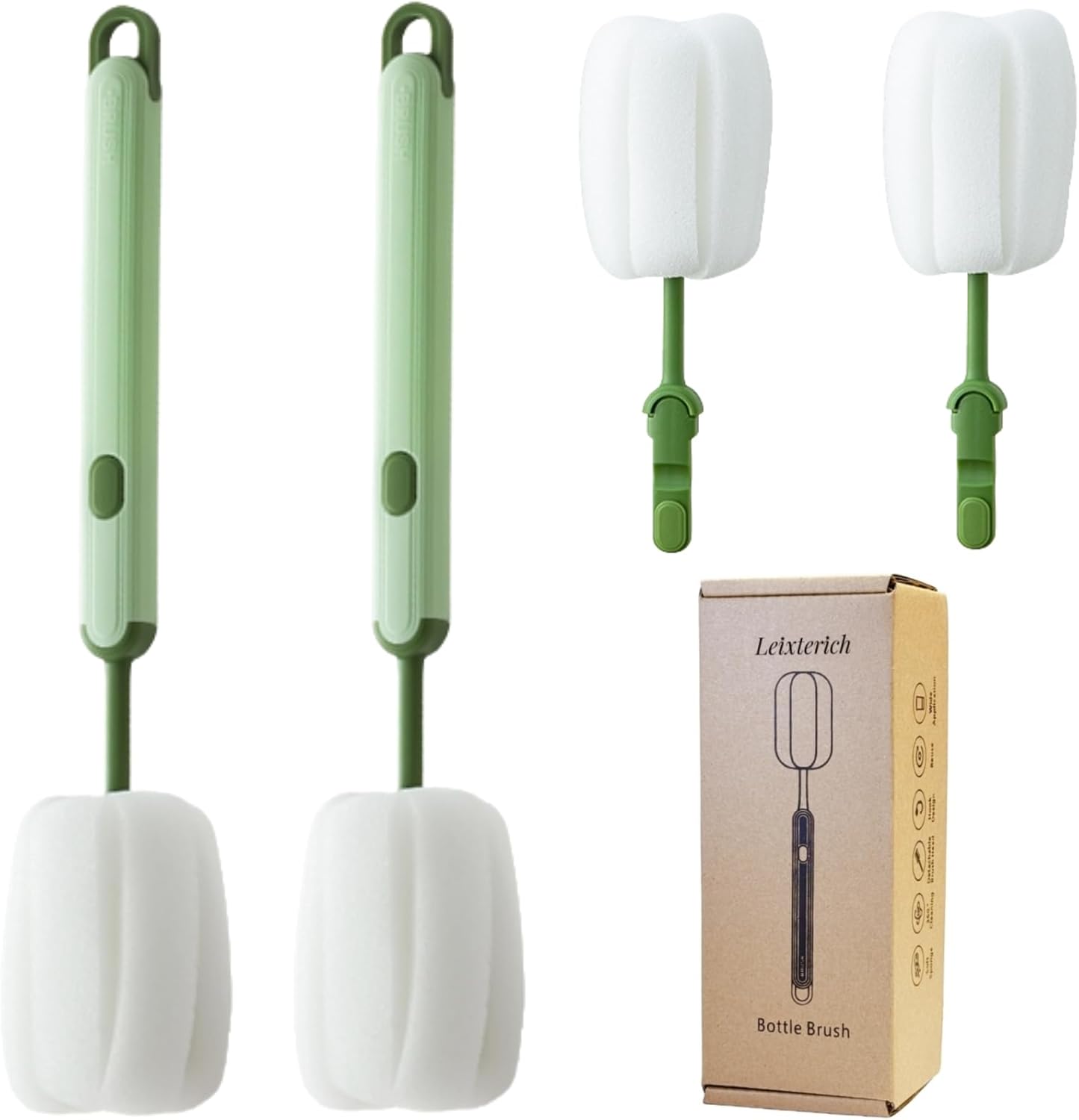 Bottle Brush Long Handle Cup Cleaner Brush Sponge Bottle Scrubber Detachable Handle Portable Sponge Cleaning Brush for Cups Wine Glasses Water Bottles Baby Bottles and Vacuum Flasks (Green)