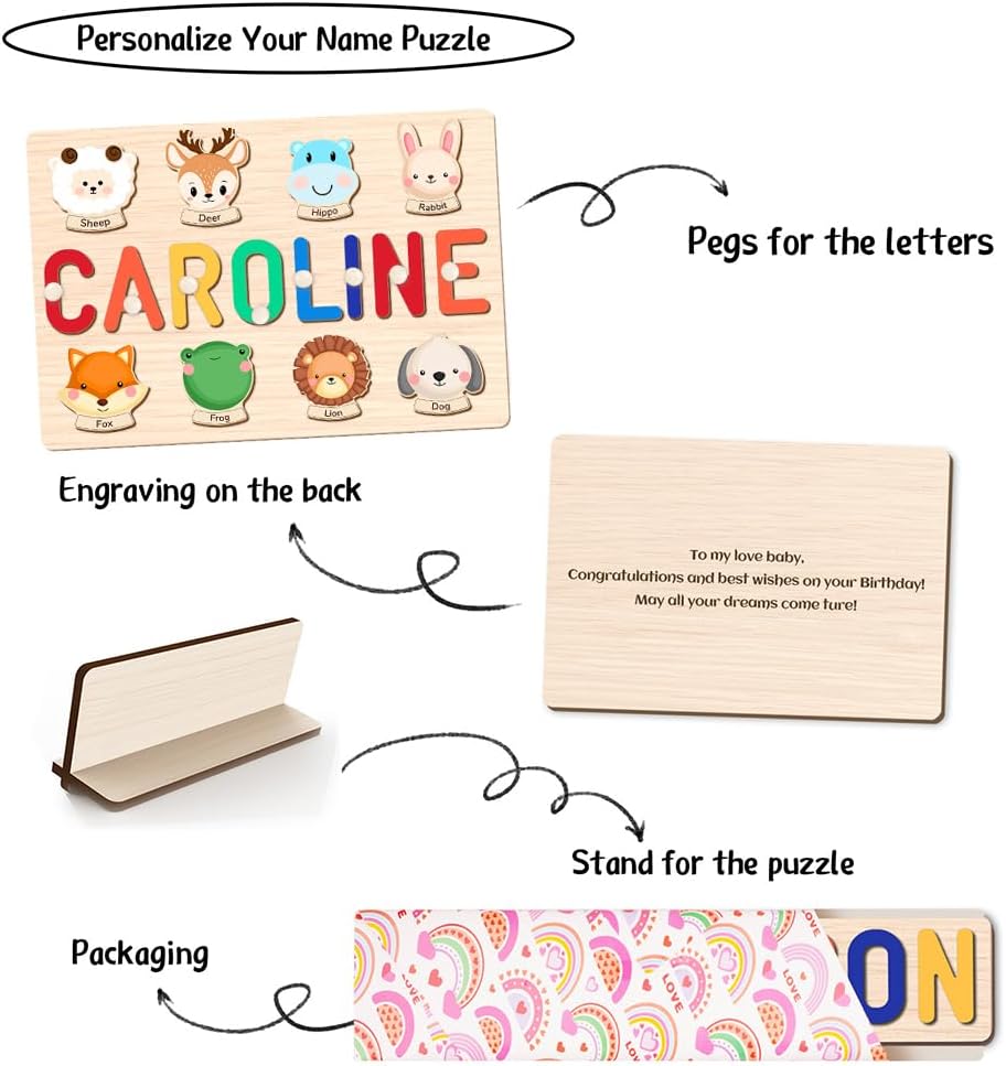 Custom Name Puzzle for Kids Personalized Wooden Animal Puzzles for Toddlers 1-3 Engraved Text on Back, Personalized Baby Gifts Educational Toys for 1 Year Old Girl Gifts for Birthday Baptism
