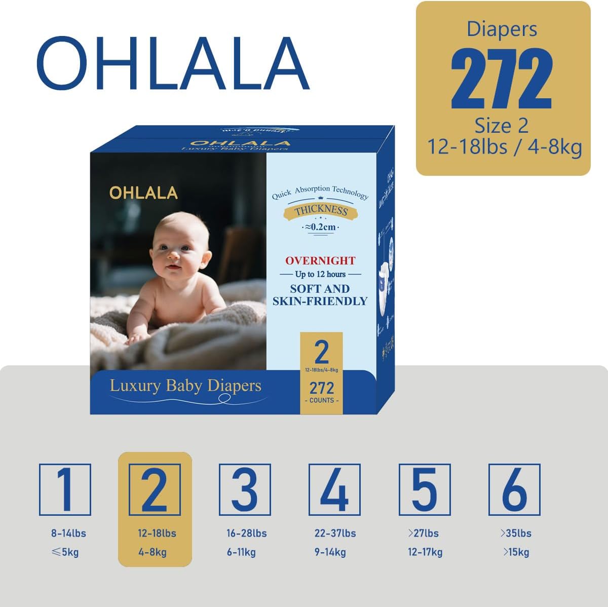 OHLALA Luxury Diapers Size 2 Hypoallergenic | Skin-Friendly & Leakproof | Fragrance-Free | Ultra-Thin | 4 Pack 272counts | 12-18 lbs