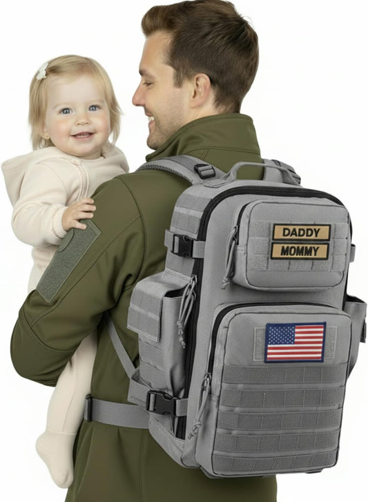 SHARKMOUTH Baby Diaper Bag for Dad - Military Diaper Backpack with Patches for Outdoor Hiking Travel Camping Park - Baby Shower Gifts Gray