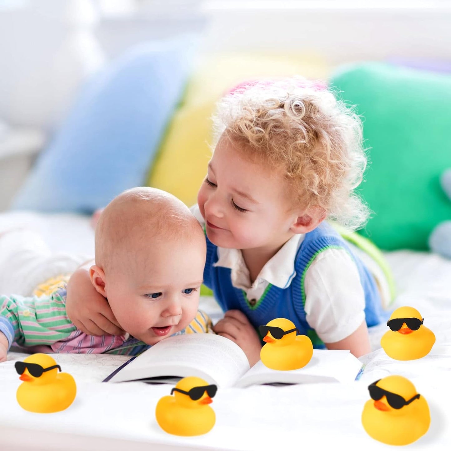 Chivao 12 Pcs Rubber Ducks with 12 Sunglasses/ Hats/ Headwear Small Mini Carnival Cruise Birthday Rubber Duckies Bathtub Toys in Bulk(Duck with Sunglasses,Yellow)