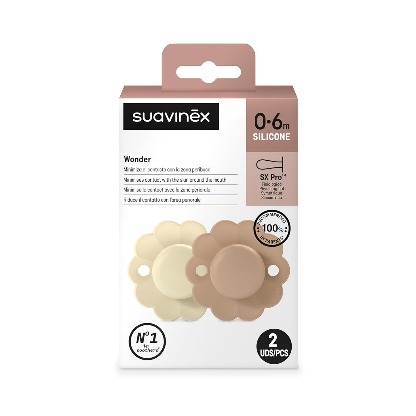 Suavinex Wonder Baby Pacifier, SX Pro Silicone Nipple, Reversible, Non Irritating Shield Design, 2 Pk Pacifiers 0-6 Months, Made in Europe, Gray/Cork