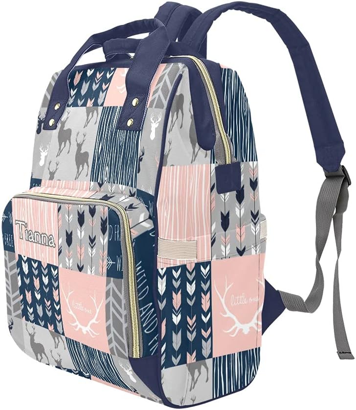 Antlers Elk Deer Feather Arrow Patchwork Blue Diaper Bags with Name Waterproof Mummy Backpack Nappy Nursing Baby Bags Gifts Tote Bag for Women