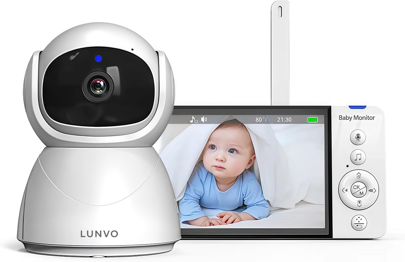 Baby Monitor, 5" 720p IPS Screen, 5000 mAh Battery, Night Vision, VOX Mode, Two-Way Talk, Temp Alerts, Feeding Timer, Loop Recording, Pan/Tilt 355°/120°, Secure No Wi-Fi, 64GB Card Pre-Installed