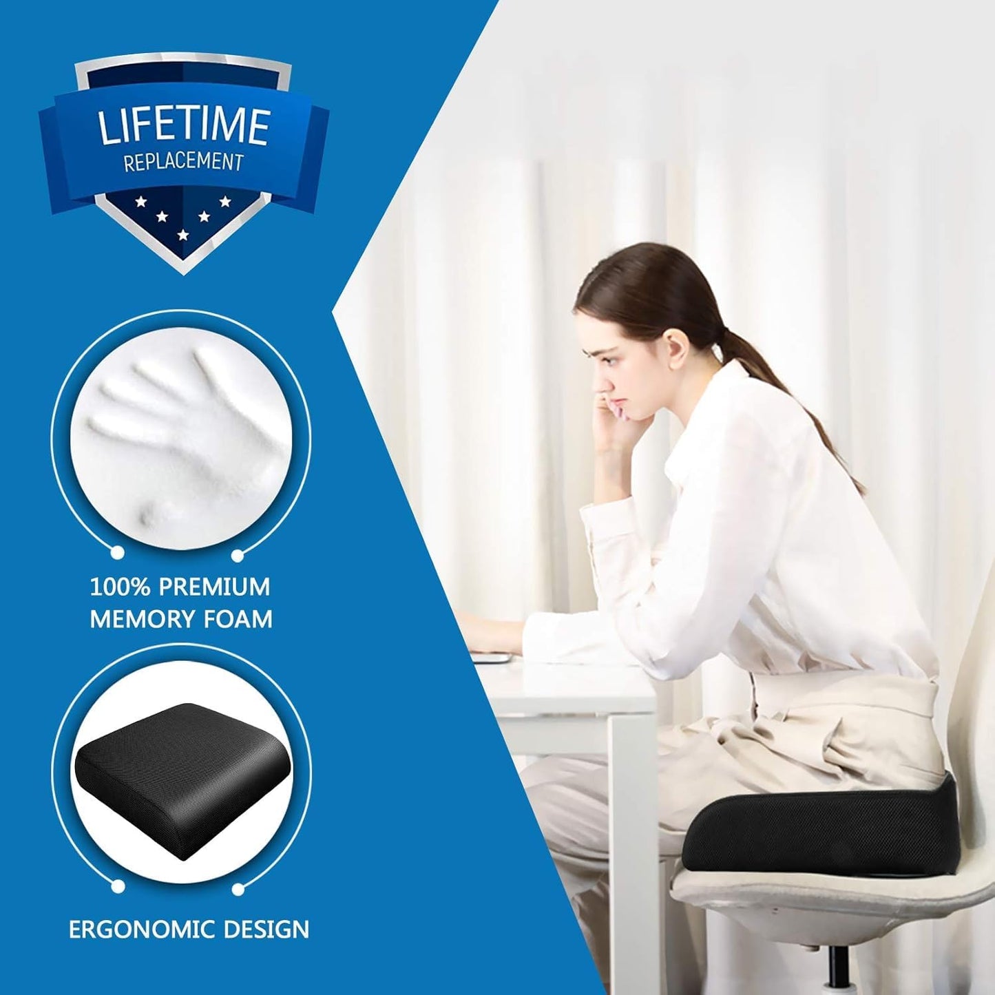 YOUFI Extra Thick Large Seat Cushion with Extra Cover, Gel Memory Foam Cushion with Carry Handle Non Slip Bottom, Pain Relief Coccyx Cushion for Office Chair, 19''x17.5''x4'' (Black Cover)