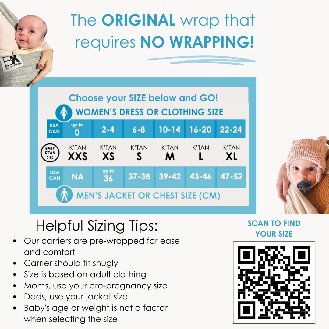 Breeze Baby K'tan Baby Carrier, #1 Easy Pre-Wrapped Baby Sling Gift | Breathable 100% Cotton Mesh | Hands Free Wrap for Infants | No Rings Or Buckles | Charcoal | 2X-Small