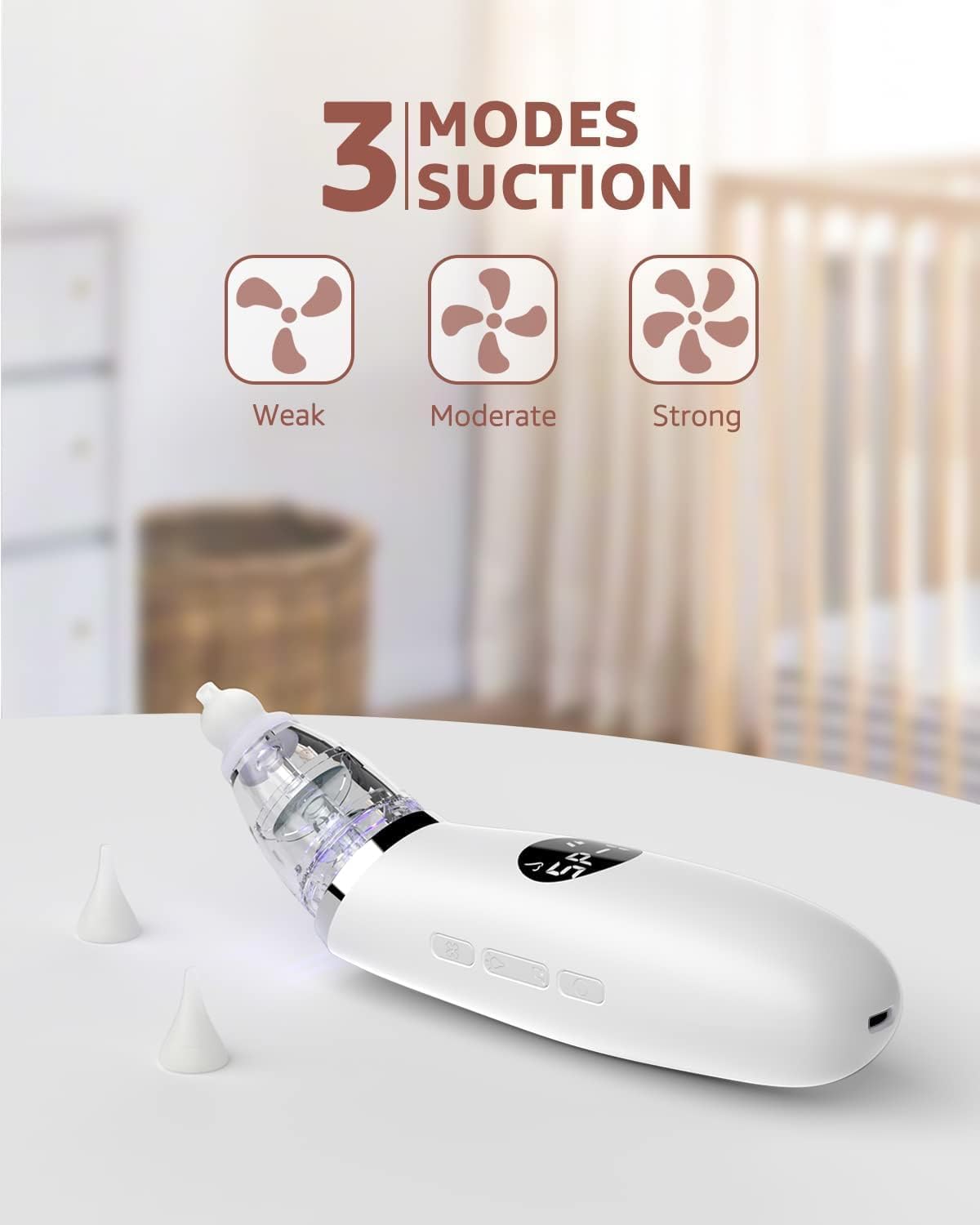 GROWNSY Nasal Aspirator for Baby | Baby Nose Sucker | Electric Nose Suction for Toddler, Ergonomic Booger Sucker with 3 Silicone Tips, Music & Light Soothing Function(White)