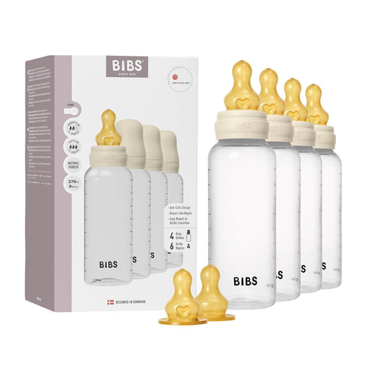 BIBS Baby Bottle 270 ml Latex Nipple 4 Pack - Anti-Colic, BPA-Free, Round Nipple, Lightweight & Easy to Clean, Suitable for Newborns 0+ Years, 4-Pack + 2 Extra Nipples - Ivory