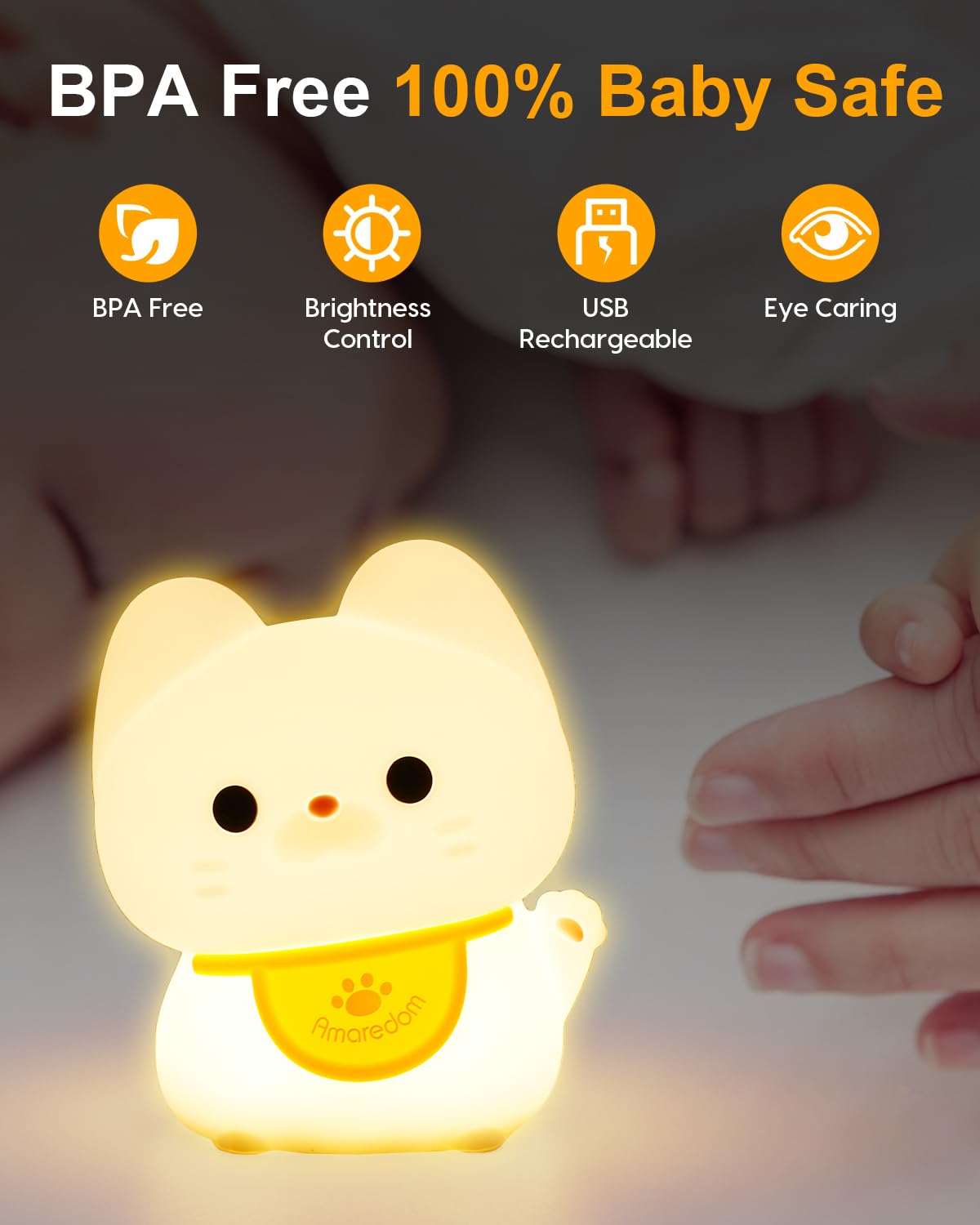 Amaredom Waving Kitten Night Light, Cute Cat Lamp, Silicone Dimmable Nursery Nightlight, Rechargeable LED Bedside Lamp with 20 Minutes Timer & Tap Control Baby Girls Women Bedrooms, Living Room