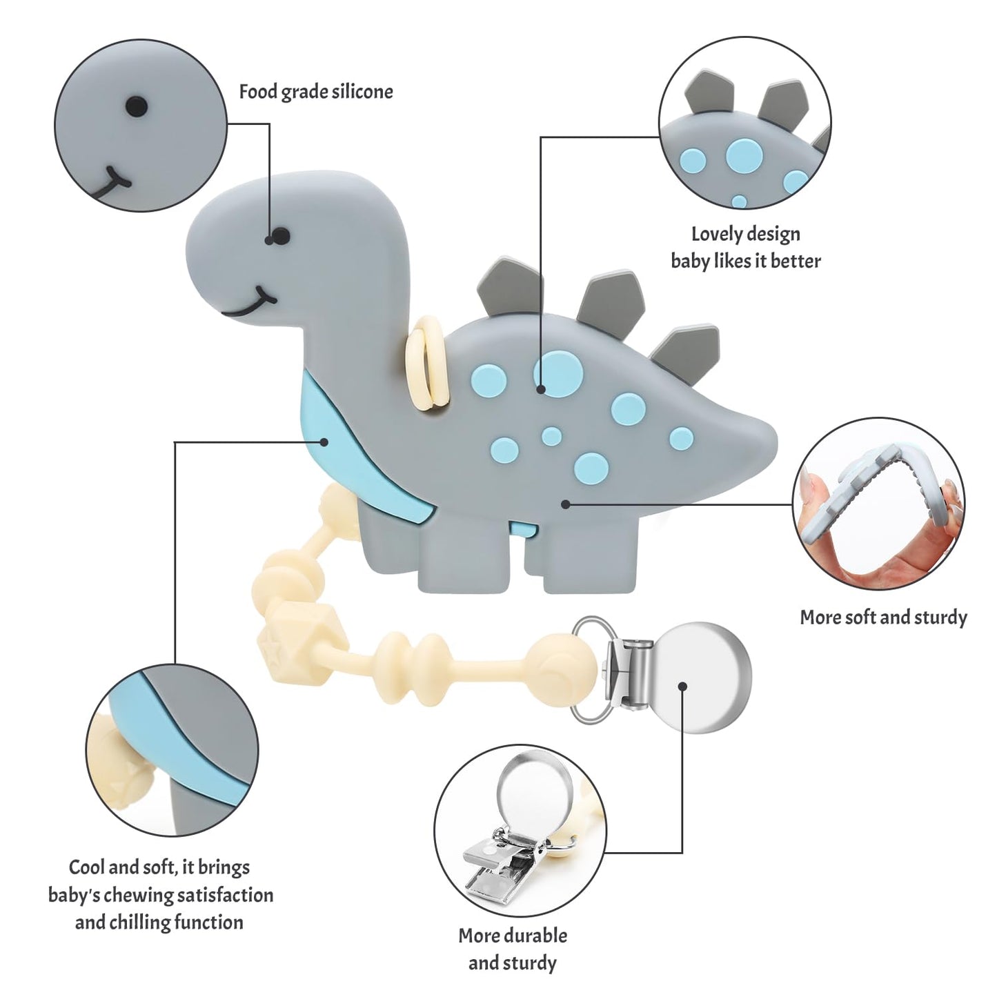 Baby Teething Toys for Babies, Dinosaur Teether Pain Relief Toy with One Piece Design Pacifier Clip Holder Set, Freezer Safe Neutral Shower Gift for Boys and Girls (Gray)