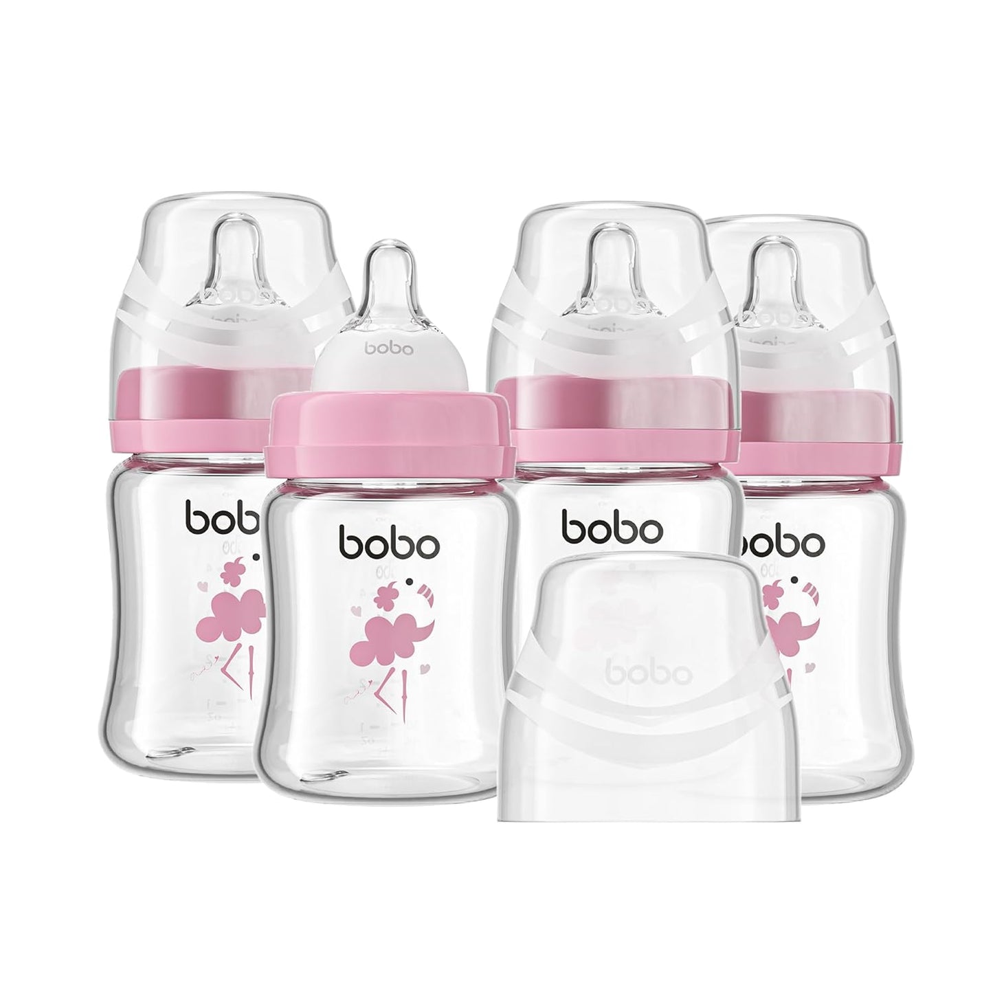YOHKOH Glass Baby Bottles with Slow Flow Nipple, Newborn Anti-Colic Baby Bottles for 0+ Months, Wide Neck Feeding Bottle, Clear (Red, 5oz (Pack of 4))