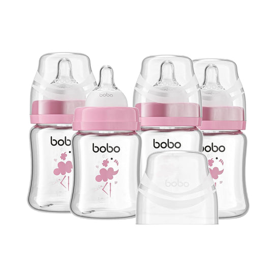 YOHKOH Glass Baby Bottles with Slow Flow Nipple, Newborn Anti-Colic Baby Bottles for 0+ Months, Wide Neck Feeding Bottle, Clear (Red, 5oz (Pack of 4))