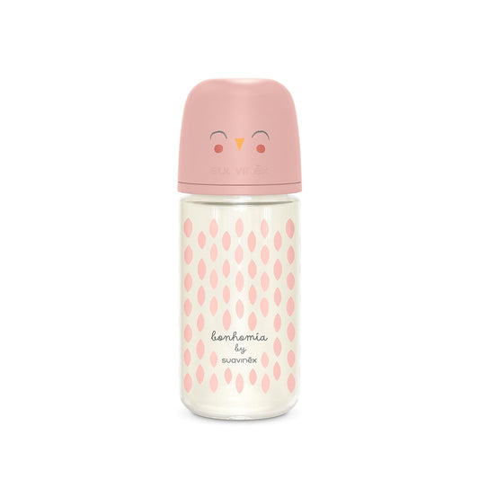 Suavinex Bonhomia Glass Baby Bottle with SX PRO Silicone Nipple, Anti Colic Baby Bottles, Baby Bottles for Breastfed Babies, Medium Flow, 3mo, 8oz, Pink