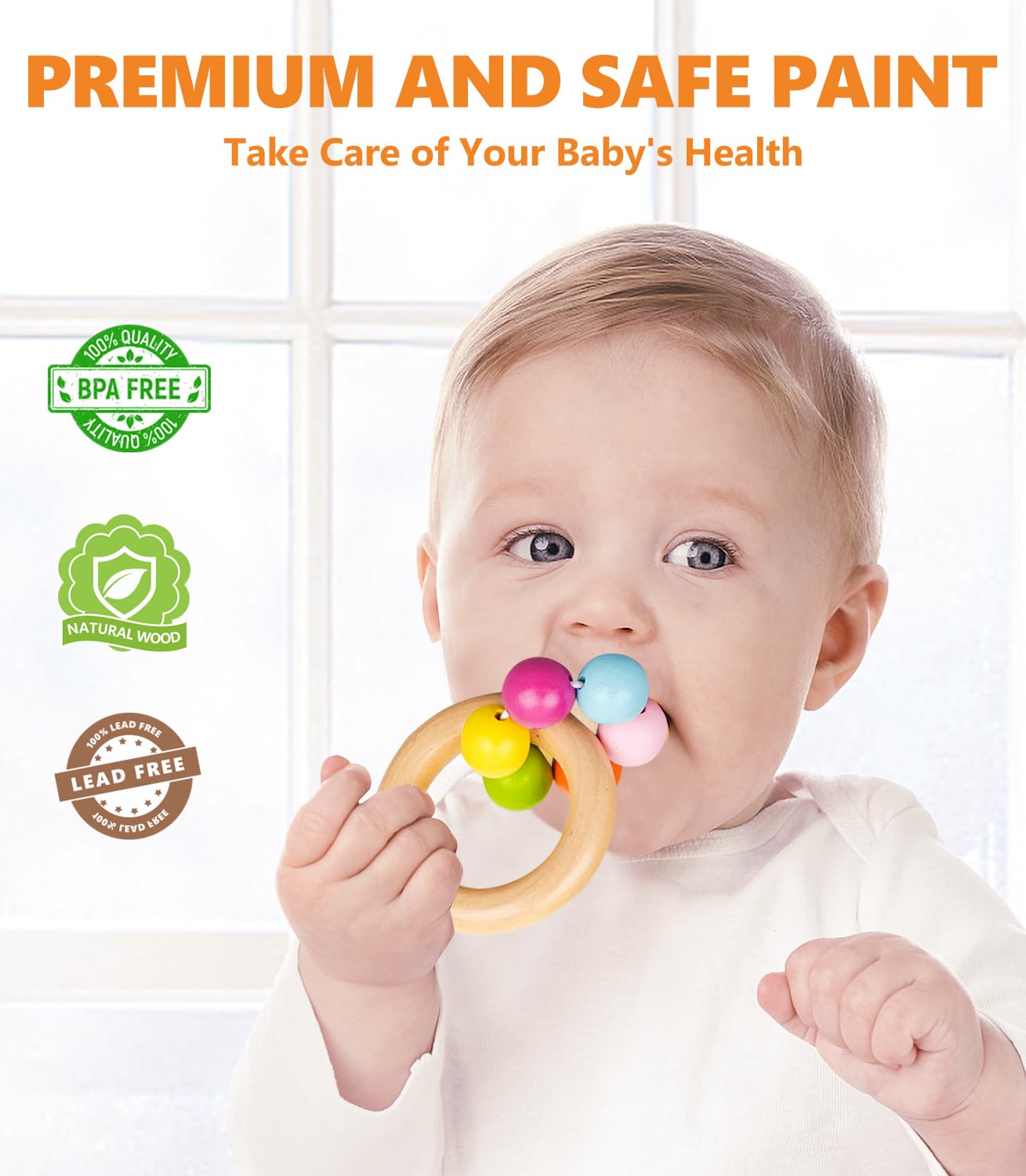 6 PCS Wooden Baby Rattle, Organic Colorful Baby Hand Rattles Set, Wood Rattles for Babies 0-6-12 Months, Wooden Teether Crochet Rattle Toy for Newborn Infant, Montessori Toys for Babies 0-6 Months