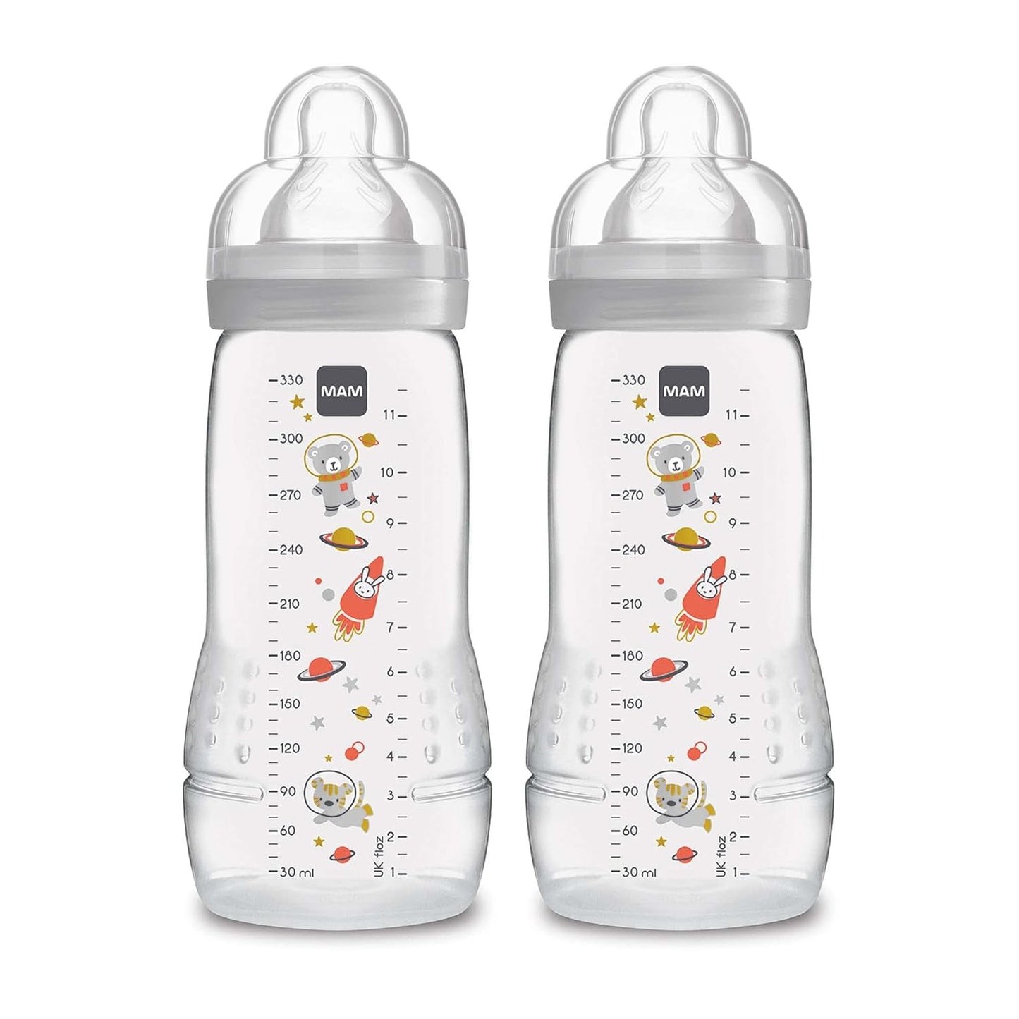 MAM Easy Active Baby Bottles 11oz, Fast Flow Skinsoft Silicone Nipple with Wide Neck Ergonomic Design, Easy to Hold, BPA-Free, Bottles with Leak-Proof Caps for 4+ Months Baby