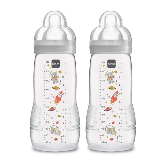 MAM Easy Active Baby Bottles 11oz, Fast Flow Skinsoft Silicone Nipple with Wide Neck Ergonomic Design, Easy to Hold, BPA-Free, Bottles with Leak-Proof Caps for 4+ Months Baby